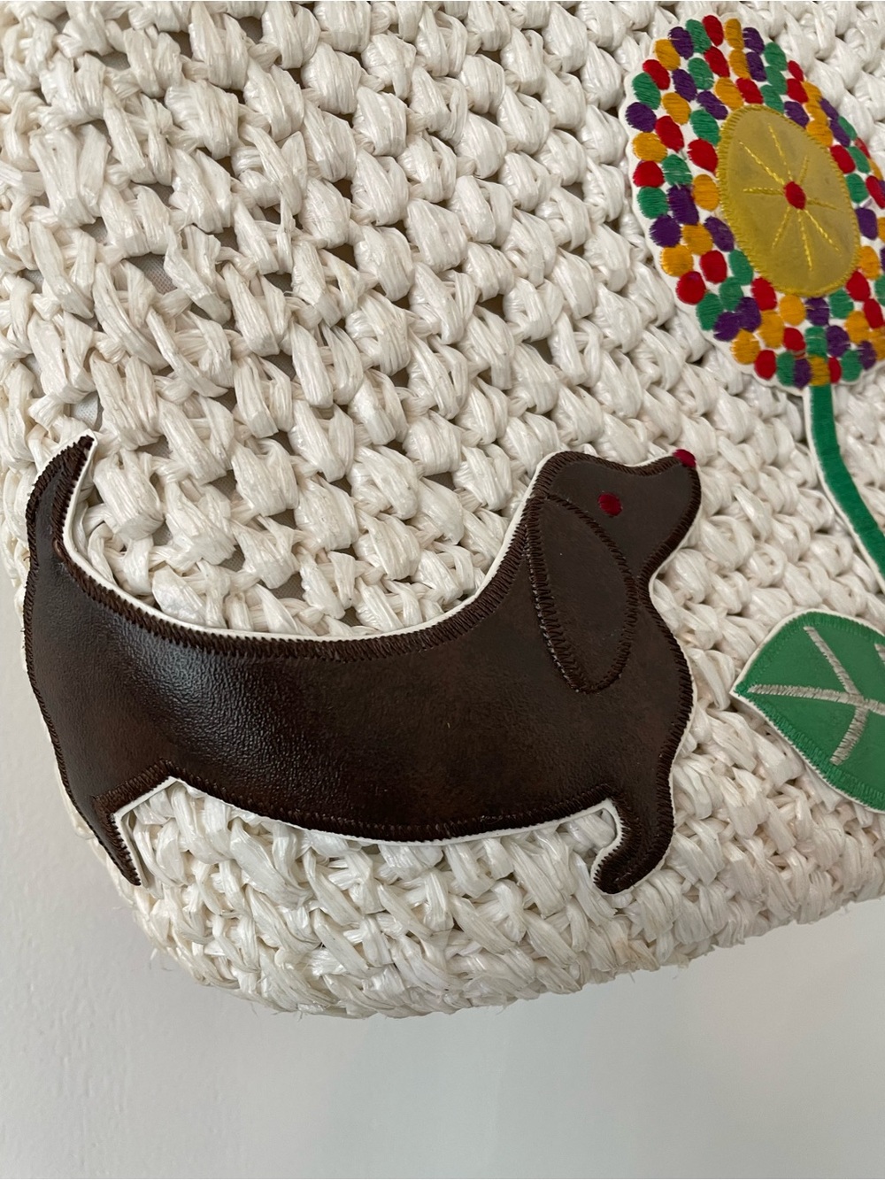 Vintage Made in Japan Dachmund Woven Tote Bag Leather Appliqué Novelty Dog Purse - Picture 2 of 15